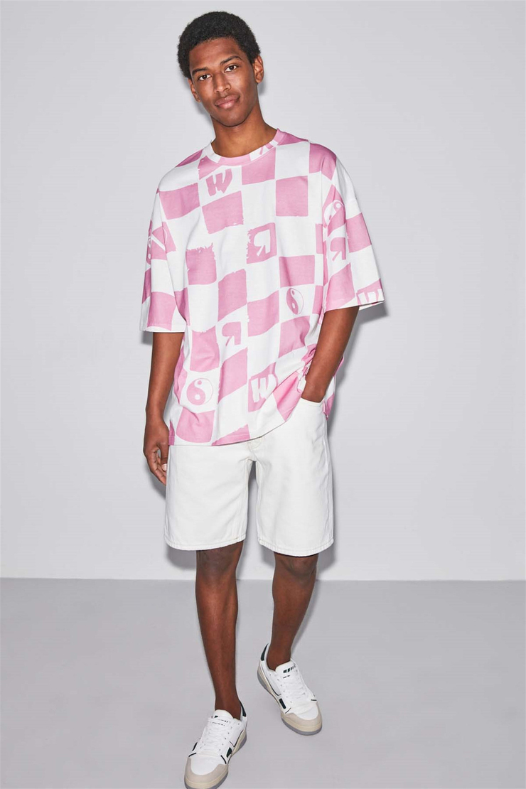 CHECK Örme Oversize Pembe  T-Shirt