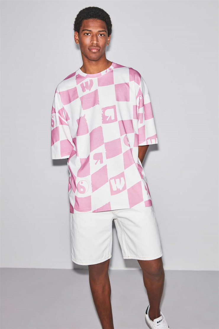 CHECK Örme Oversize Pembe  T-Shirt