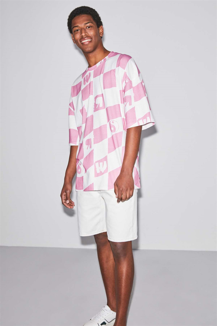CHECK Örme Oversize Pembe  T-Shirt