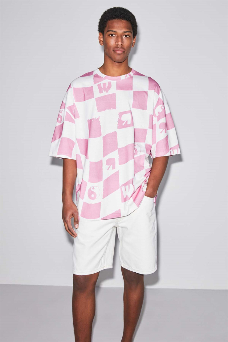 CHECK Örme Oversize Pembe  T-Shirt