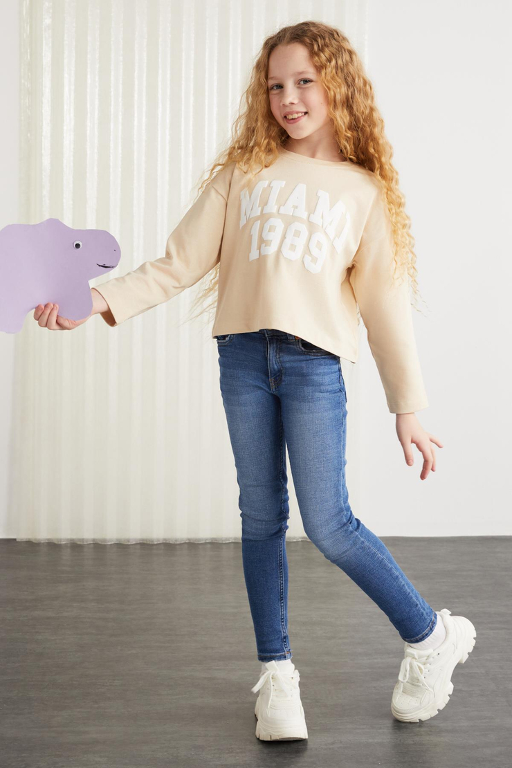 CHERLY-GRM24020-100% pamuk baskılı kız çocuk uzun kollu tshirt Bej T-Shirt
