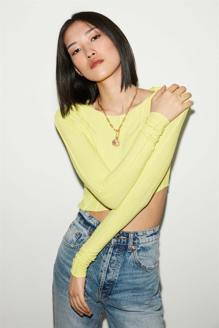 CHERRY Örme Crop Sarı  Bluz