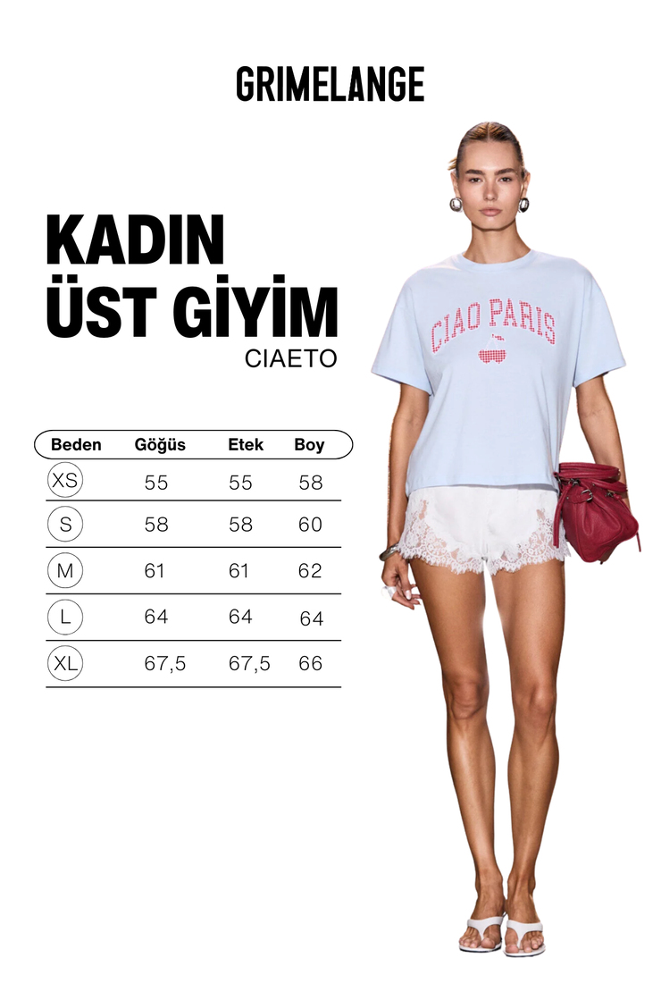 CIAETO Kadın %100 Organik Pamuklu Bisiklet Yakalı Dokuma Garni Nakışlı Mavi T-Shirt