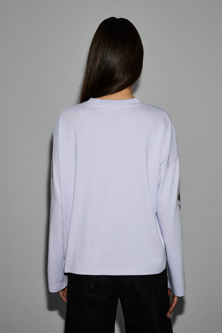 CIANELLE Kadın Organik Pamuklu Bisiklet Yakalı Uzun Kollu Oversize Lila T-Shirt