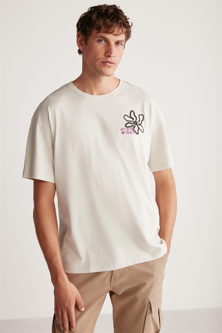 CLAYTON Örme Oversize Taş Rengi Tekli T-Shirt