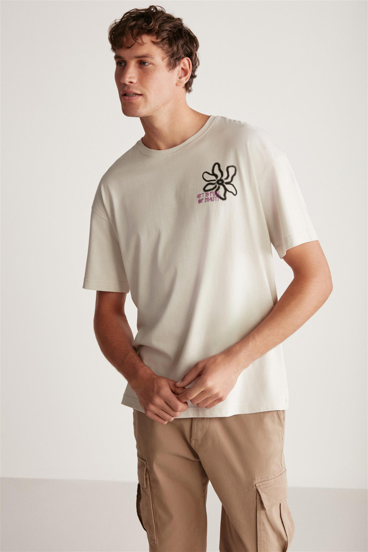 CLAYTON Örme Oversize Taş Rengi Tekli T-Shirt