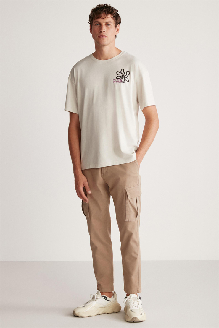 CLAYTON Örme Oversize Taş Rengi Tekli T-Shirt