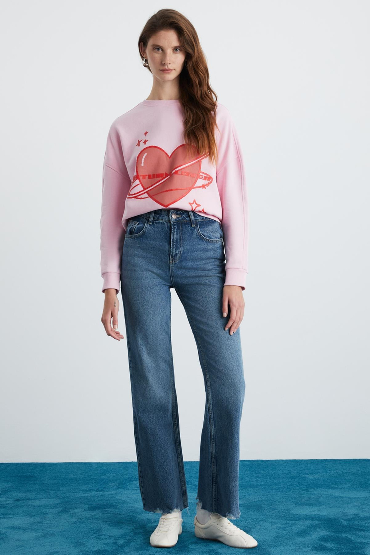 COCHEM Kadın Denim Kalın Kumaşlı Arka kısmı Kapalı Yırtık Straight Kalıp Kot Mavi Jeans
