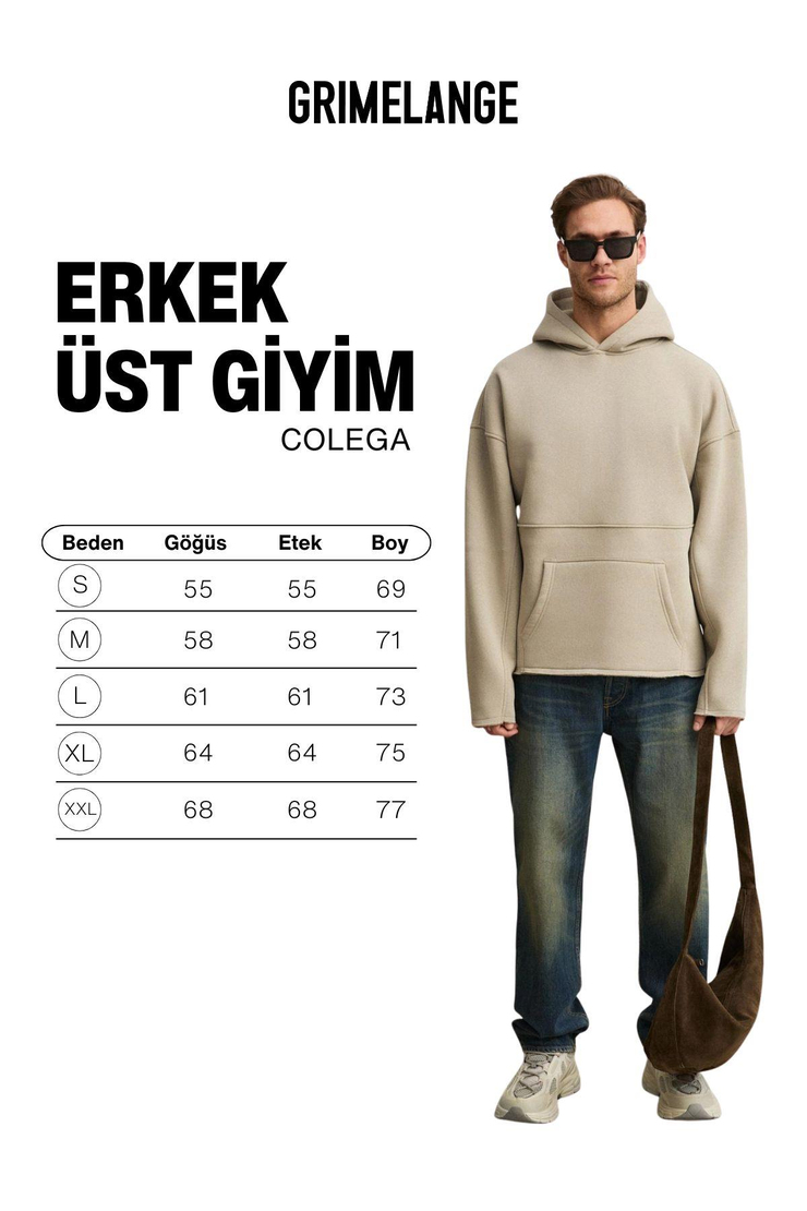 COLEGA Erkek Yumuşak İçi Polarlı Organik Pamuklu Kanguru Cepli Taş Rengi Sweatshirt