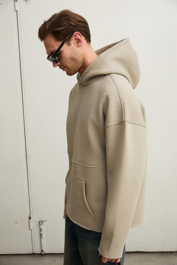 COLEGA Erkek Yumuşak İçi Polarlı Organik Pamuklu Kanguru Cepli Taş Rengi Sweatshirt