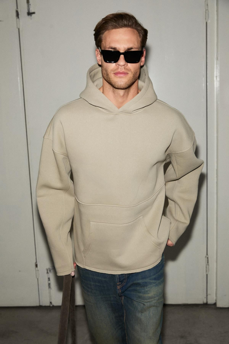 COLEGA Erkek Yumuşak İçi Polarlı Organik Pamuklu Kanguru Cepli Taş Rengi Sweatshirt