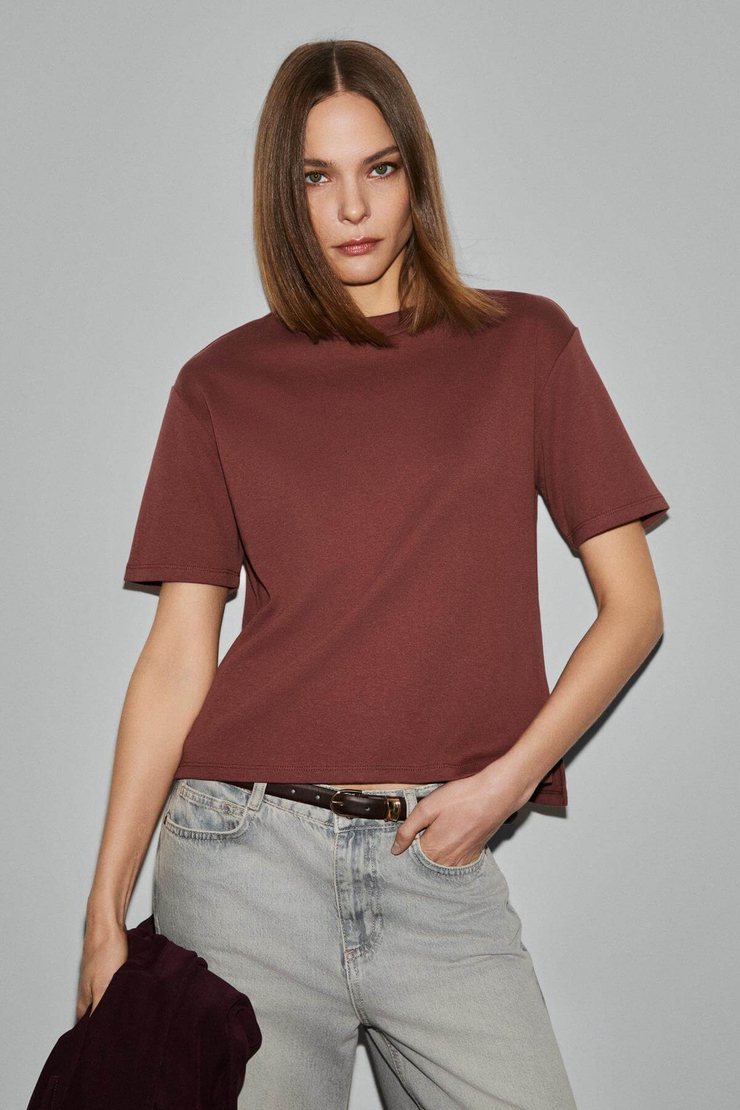COLENA Kadın Organik Pamuklu Bisiklet Yaka Oversize Fit Kısa Kollu Kiremit Rengi T-Shirt