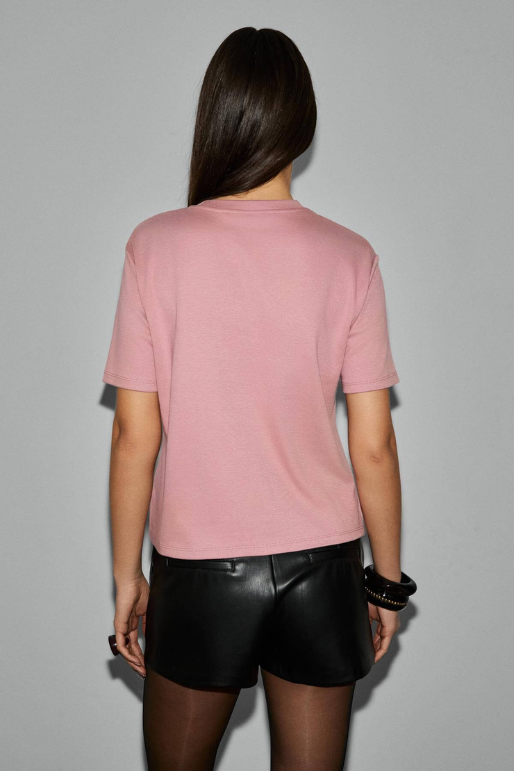 COLENA Kadın Organik Pamuklu Bisiklet Yaka Oversize Fit Kısa Kollu Pembe T-Shirt