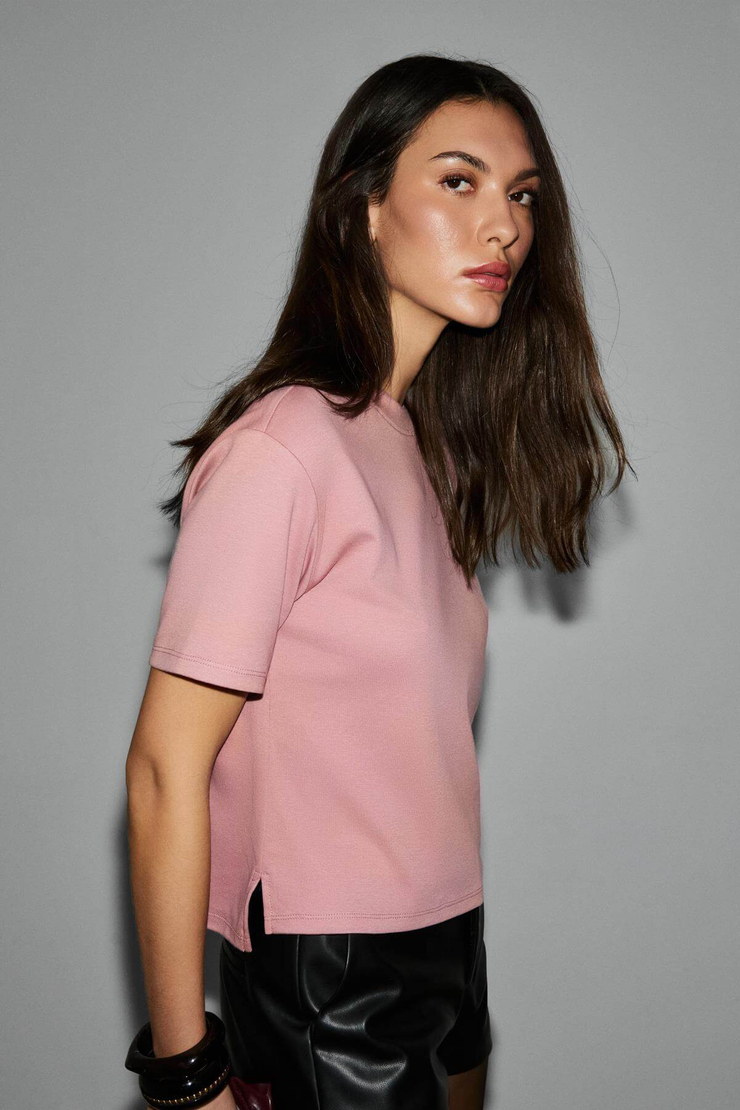 COLENA Kadın Organik Pamuklu Bisiklet Yaka Oversize Fit Kısa Kollu Pembe T-Shirt