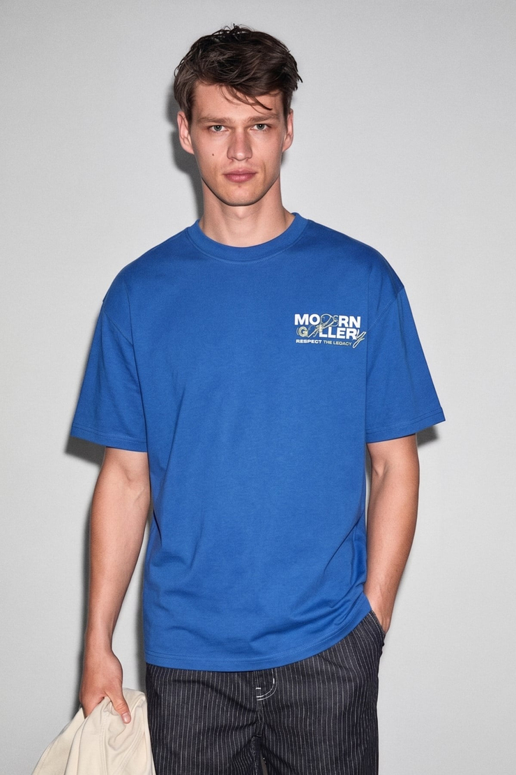 COLIBRI Erkek Ön Arka Baskı Detaylı Oversize Kısa Kollu Bisiklet Yaka Organik Pamuklu Mavi T-Shirt