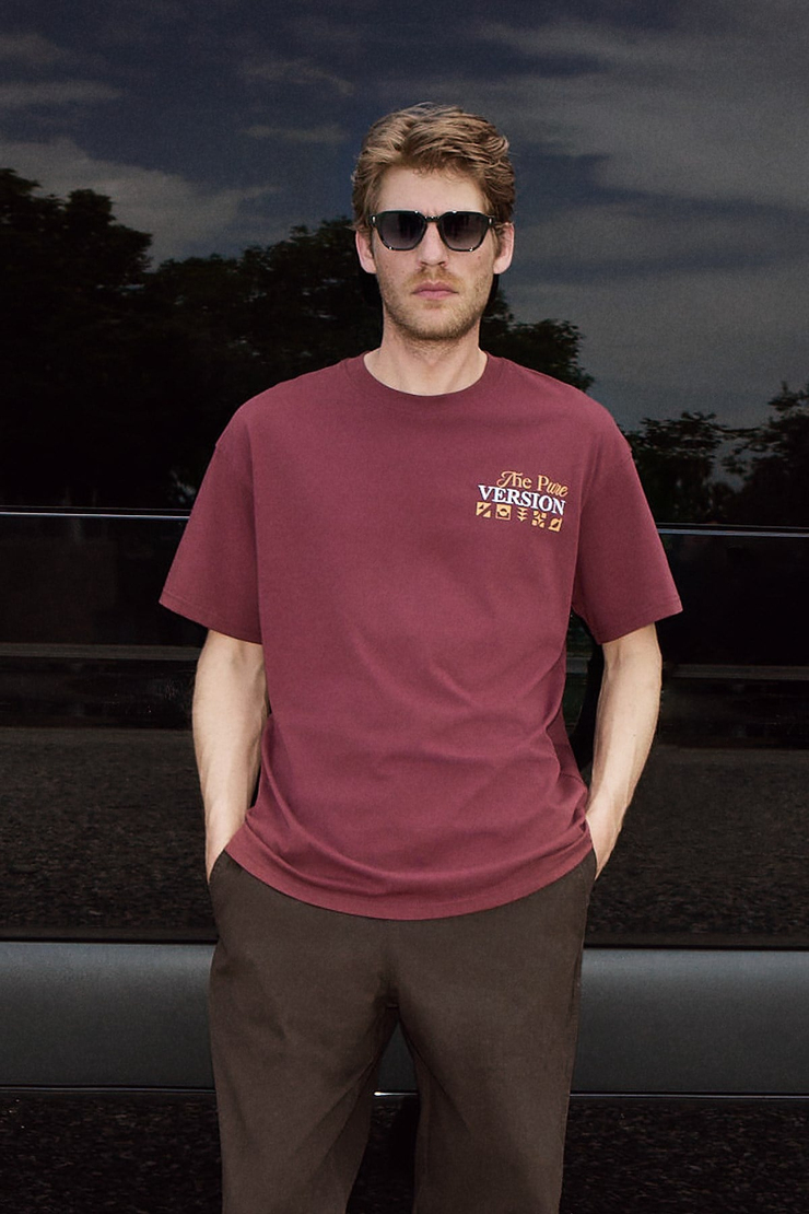 COLIBRI Erkek Ön Arka Baskı Detaylı Oversize Kısa Kollu Bisiklet Yaka Organik Pamuklu Kiremit Rengi T-Shirt