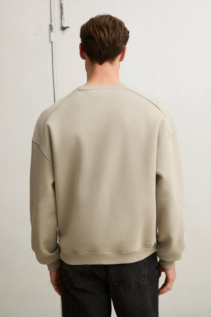 COYOTES Erkek Bisiklet Yaka Kangru Cepli Organik Pamuk Regular Fit Açık Haki Sweatshirt