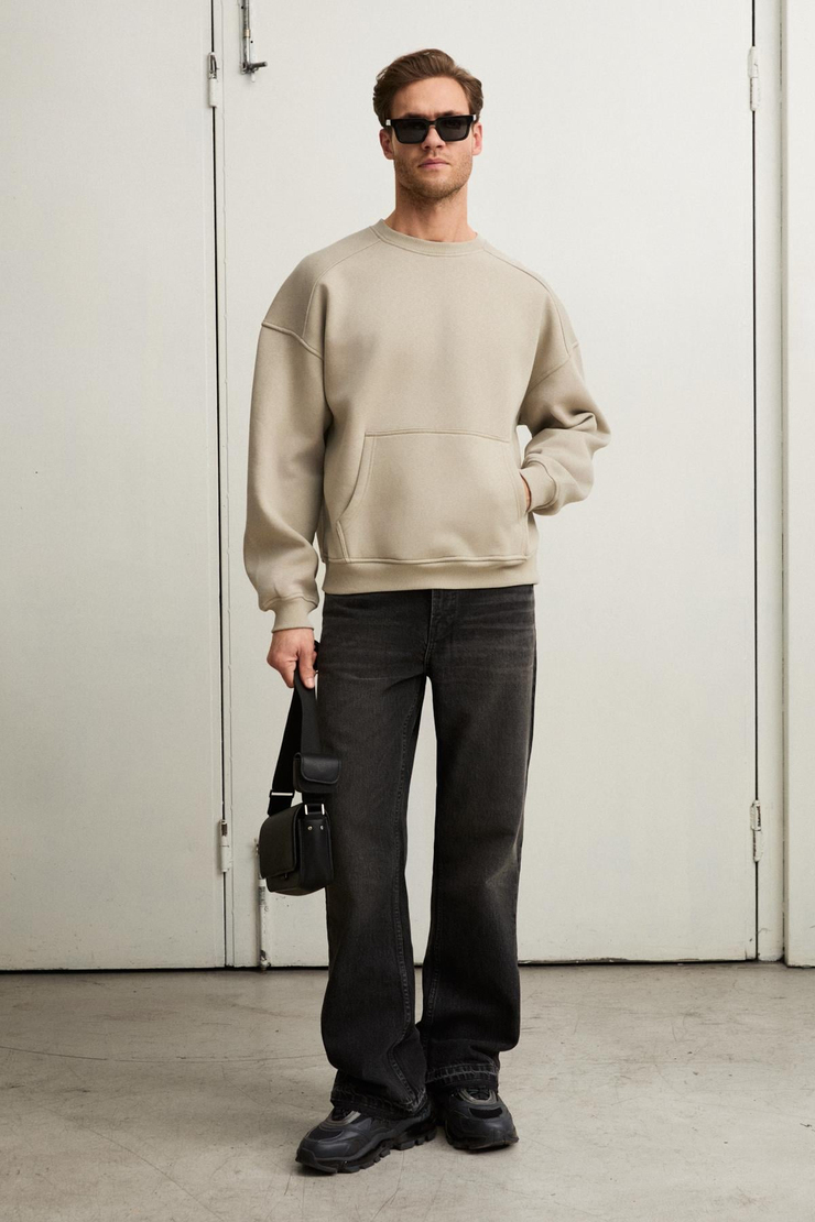 COYOTES Erkek Bisiklet Yaka Kangru Cepli Organik Pamuk Regular Fit Açık Haki Sweatshirt