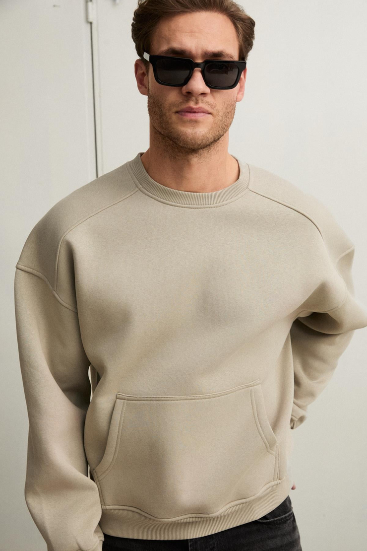 COYOTES Erkek Bisiklet Yaka Kangru Cepli Organik Pamuk Regular Fit Açık Haki Sweatshirt