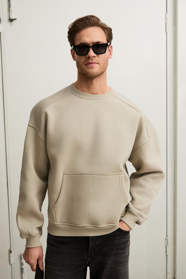 COYOTES Erkek Bisiklet Yaka Kangru Cepli Organik Pamuk Regular Fit Açık Haki Sweatshirt