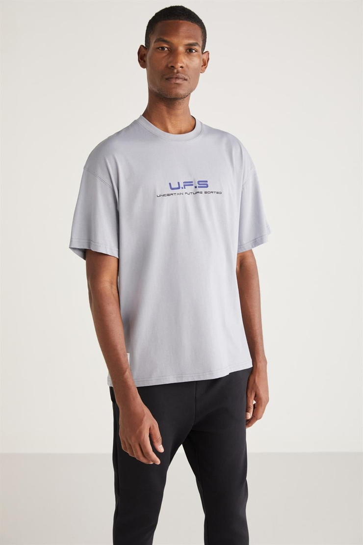 CRİSPİN Örme Oversize Açık Gri Tekli T-Shirt