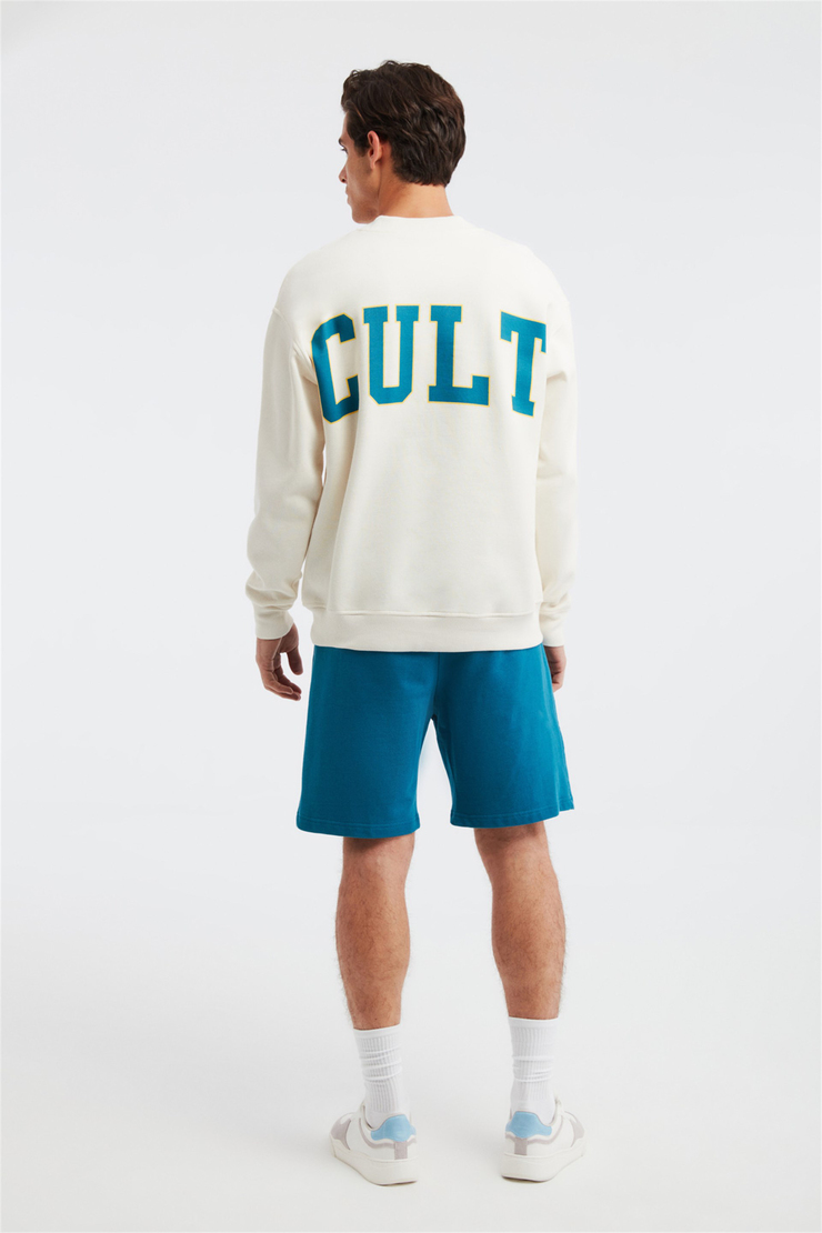 CULT Erkek Ekru Baskılı Yuvarlak Yaka Oversize Sweatshirt