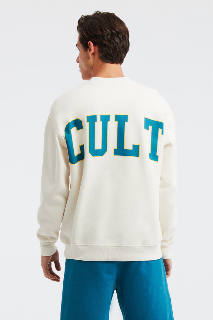 CULT Erkek Ekru Baskılı Yuvarlak Yaka Oversize Sweatshirt