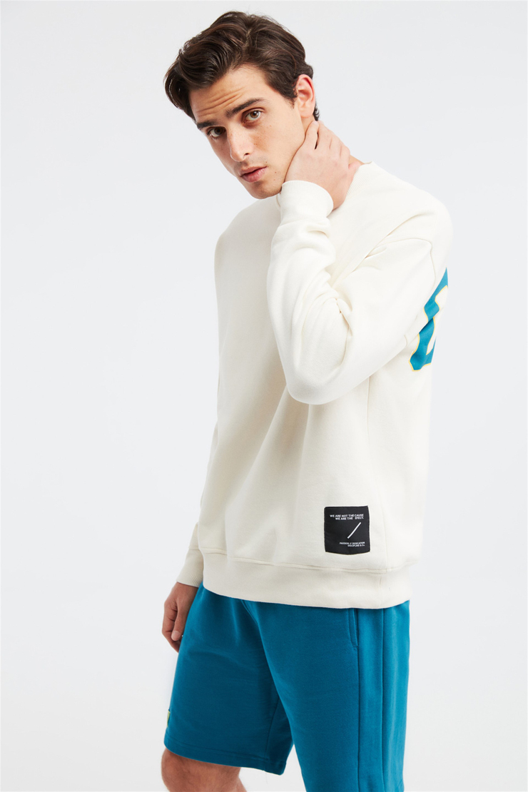 CULT Erkek Ekru Baskılı Yuvarlak Yaka Oversize Sweatshirt