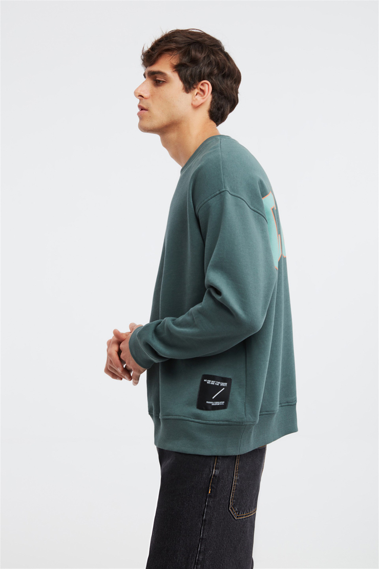 CULT Erkek Yeşil Baskılı Yuvarlak Yaka Oversize Sweatshirt