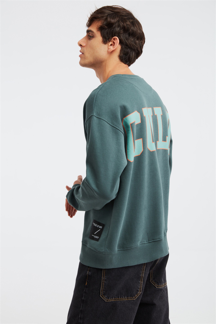 CULT Erkek Yeşil Baskılı Yuvarlak Yaka Oversize Sweatshirt