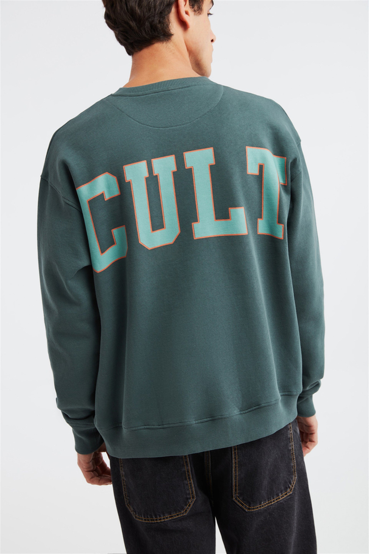CULT Erkek Yeşil Baskılı Yuvarlak Yaka Oversize Sweatshirt
