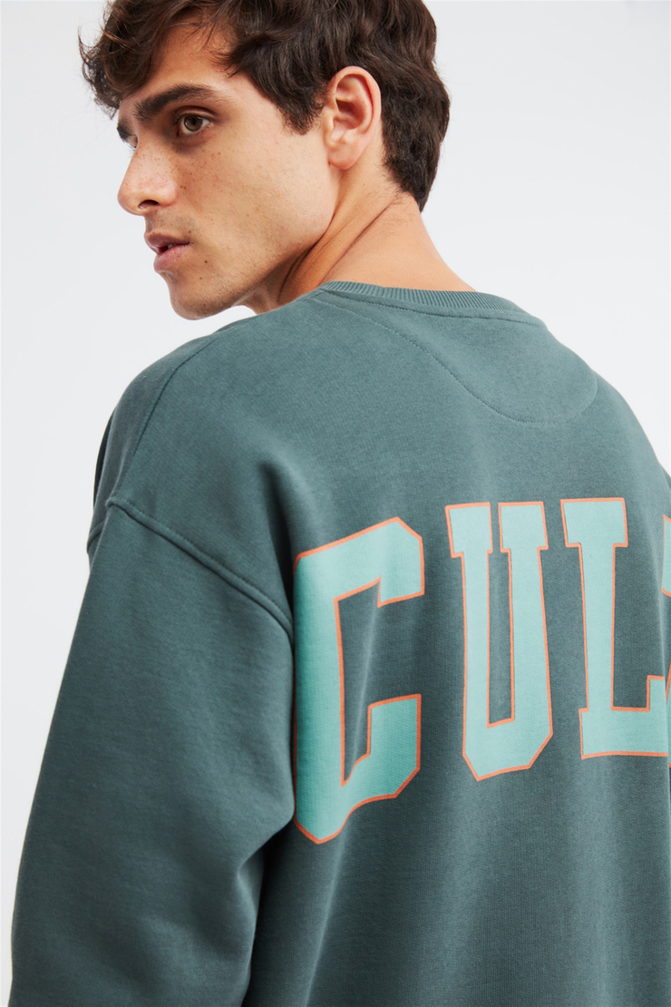CULT Erkek Yeşil Baskılı Yuvarlak Yaka Oversize Sweatshirt