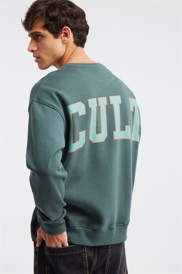 CULT Erkek Yeşil Baskılı Yuvarlak Yaka Oversize Sweatshirt