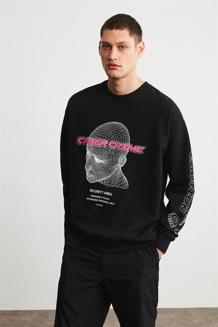 CYBER Erkek Siyah Baskılı Yuvarlak Yaka Oversıze Sweatshirt
