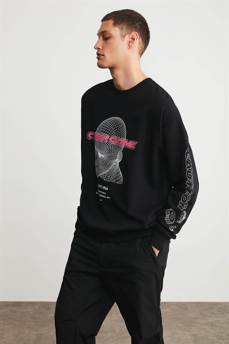 CYBER Erkek Siyah Baskılı Yuvarlak Yaka Oversıze Sweatshirt