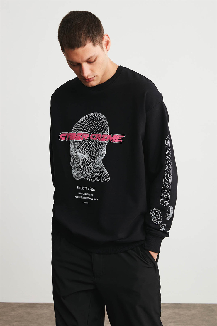CYBER Erkek Siyah Baskılı Yuvarlak Yaka Oversıze Sweatshirt