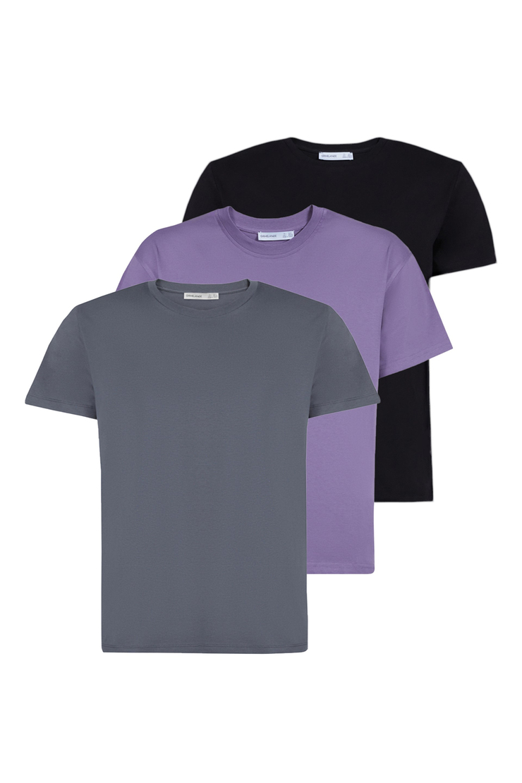 DAKOTA Örme Dar - Slim Mor - Gri - Siyah 3'lü T-Shirt