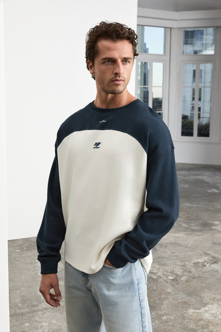 DAMIANO Erkek Organik Pamuklu Garnili Ekru-Lacivert Sweatshirt