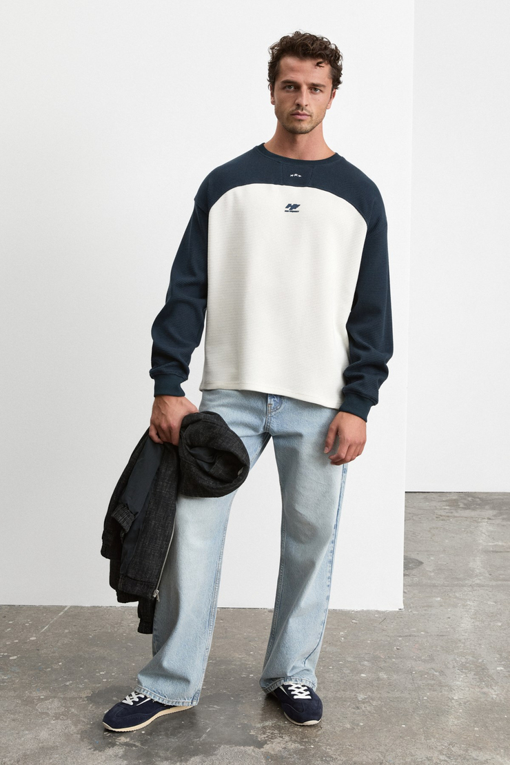 DAMIANO Erkek Organik Pamuklu Garnili Ekru-Lacivert Sweatshirt
