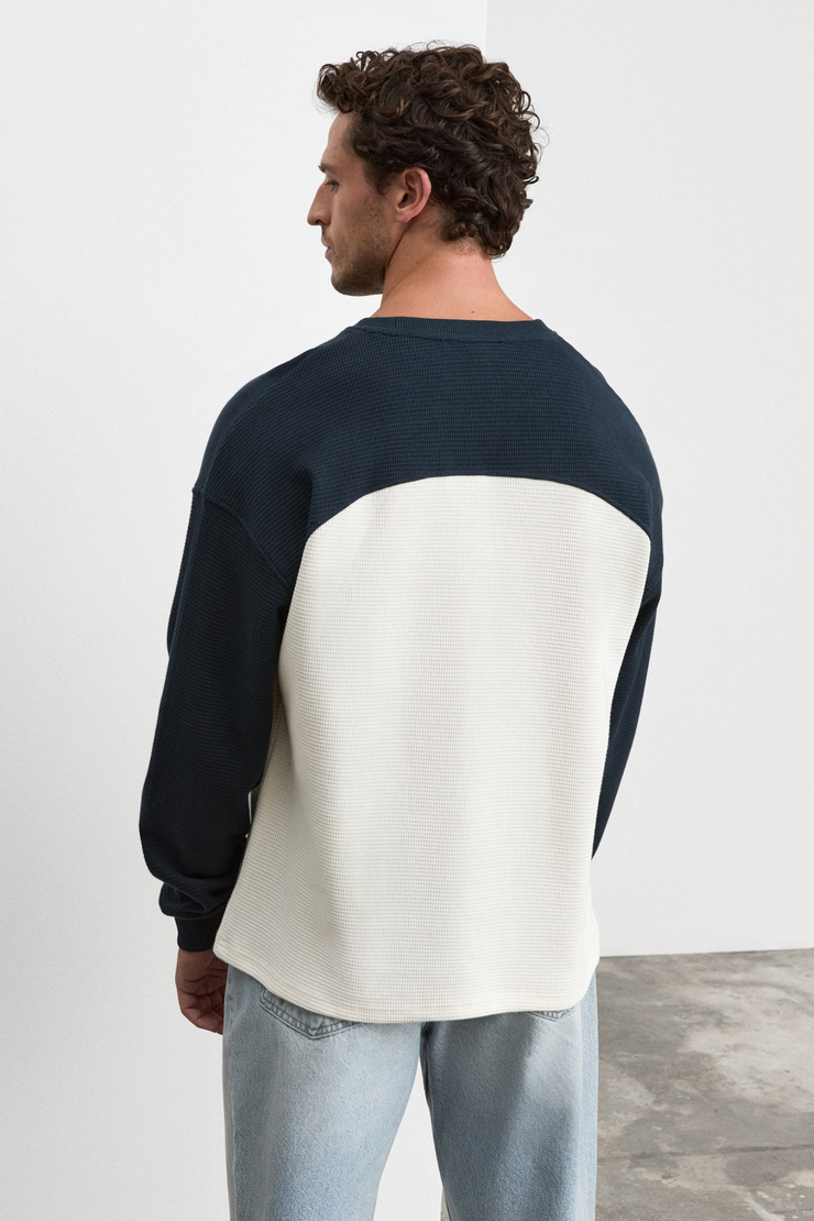 DAMIANO Erkek Organik Pamuklu Garnili Ekru-Lacivert Sweatshirt