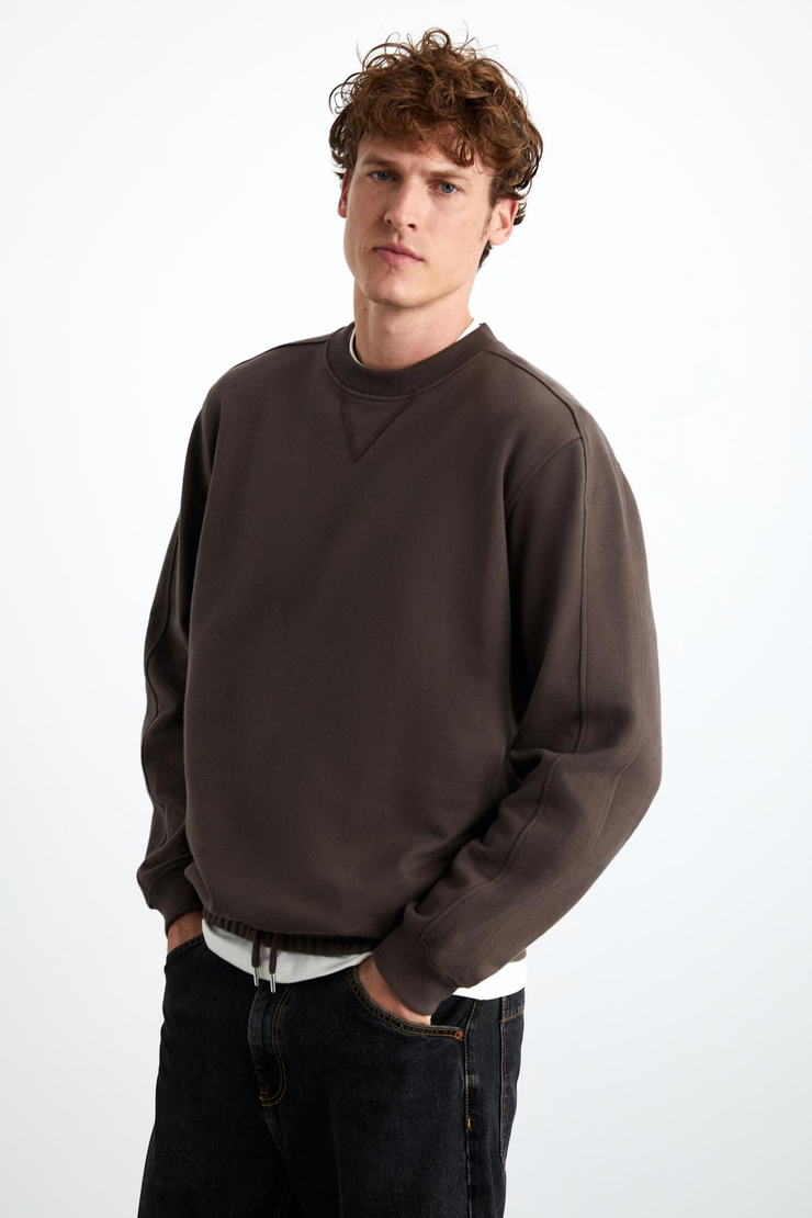 DANKO Erkek %100 Pamuk Bisiklet Yaka 3 İplik Kahverengi Sweatshirt