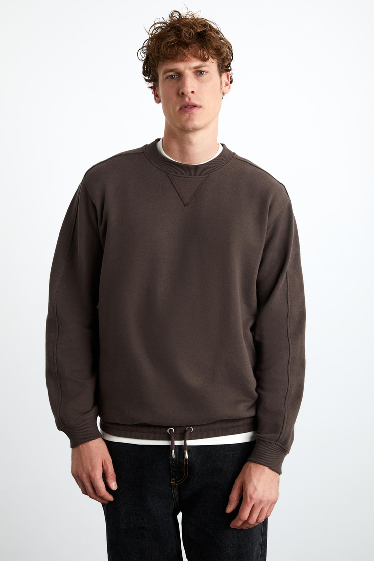 DANKO Erkek %100 Pamuk Bisiklet Yaka 3 İplik Kahverengi Sweatshirt