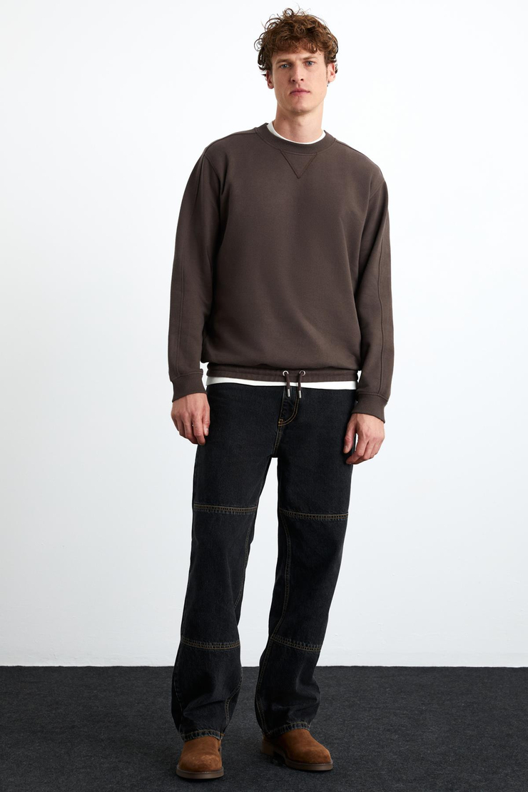 DANKO Erkek %100 Pamuk Bisiklet Yaka 3 İplik Kahverengi Sweatshirt