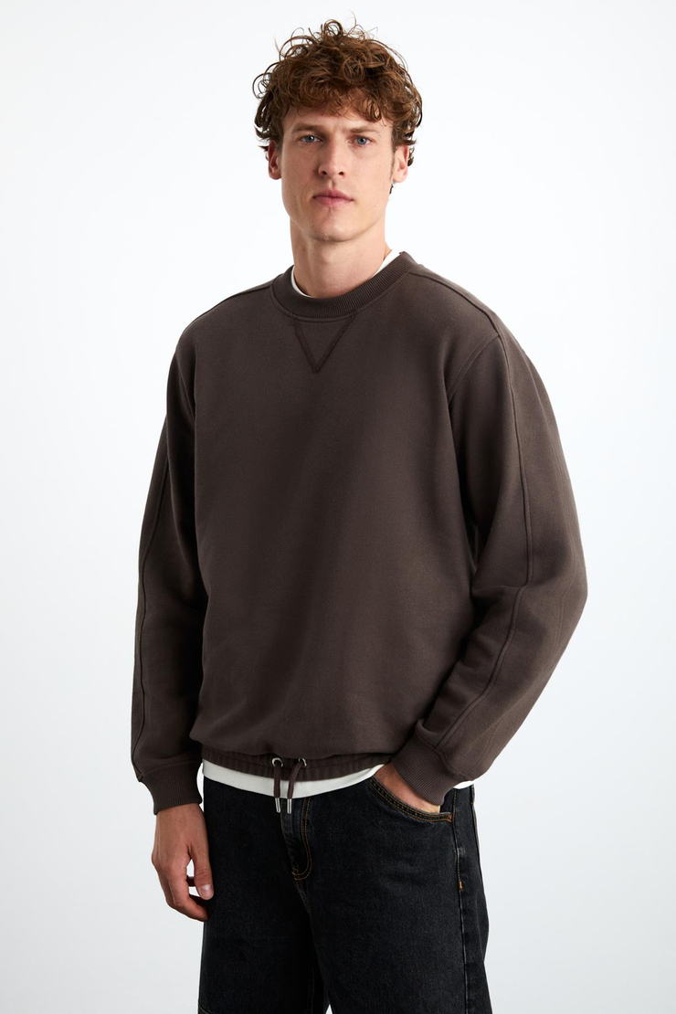 DANKO Erkek %100 Pamuk Bisiklet Yaka 3 İplik Kahverengi Sweatshirt