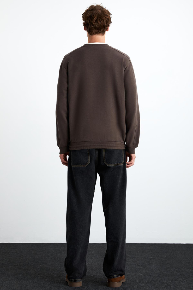 DANKO Erkek %100 Pamuk Bisiklet Yaka 3 İplik Kahverengi Sweatshirt