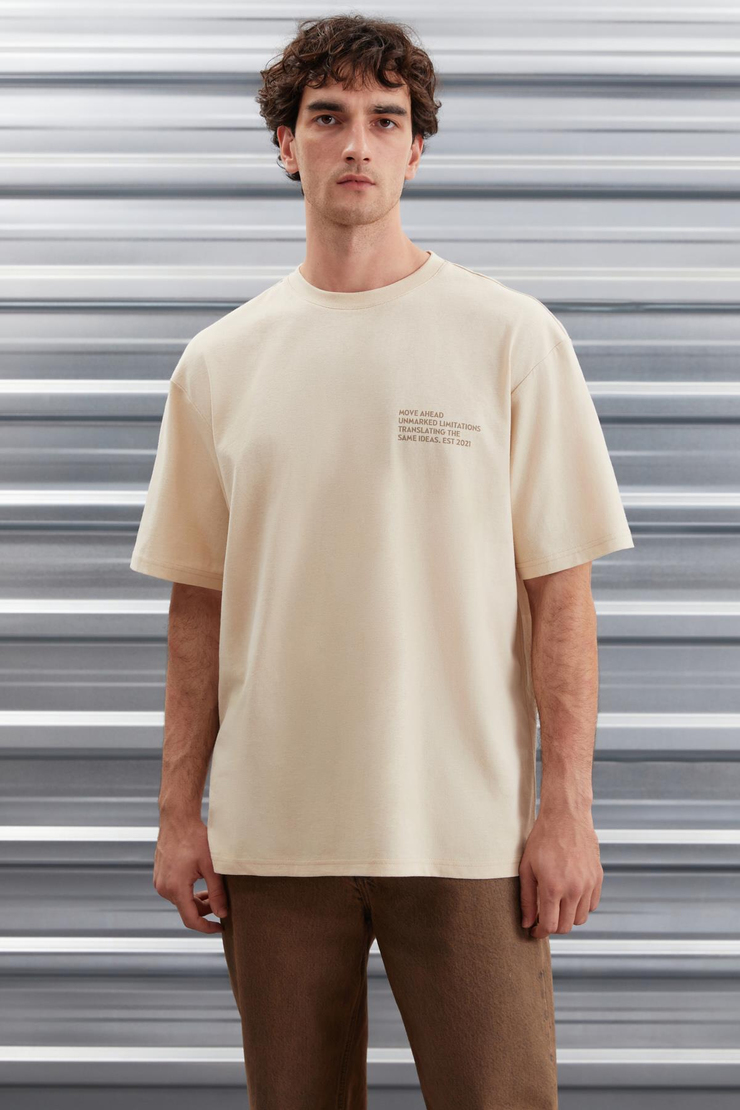 DARELL Erkek Oversize Fit %100 Pamuk Kalın Dokulu Baskılı Bej T-Shirt