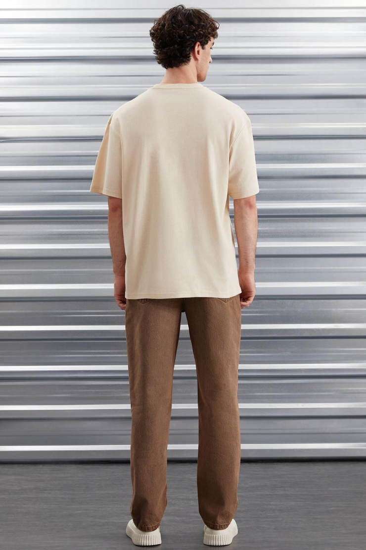 DARELL Erkek Oversize Fit %100 Pamuk Kalın Dokulu Baskılı Bej T-Shirt
