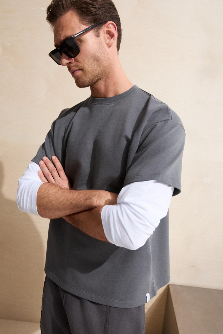 DAVIDACO Erkek Uzun Kol Detaylı Organik Pamuklu Bisiklet Yaka Regular Antrasit T-Shirt