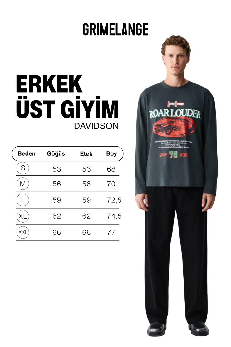 DAVIDSON Erkek Baskılı %100 Organik Pamuklu Bisiklet Yaka Oversize Uzun Kollu Antrasit T-Shirt