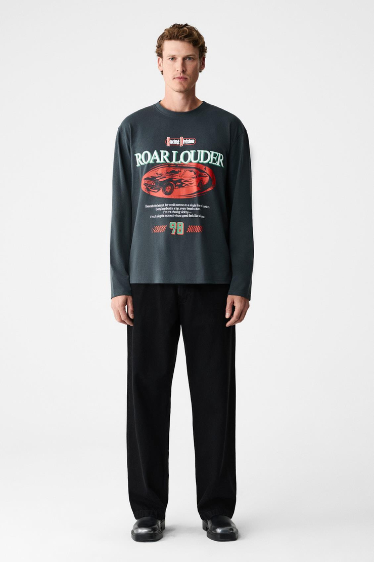 DAVIDSON Erkek Baskılı %100 Organik Pamuklu Bisiklet Yaka Oversize Uzun Kollu Antrasit T-Shirt